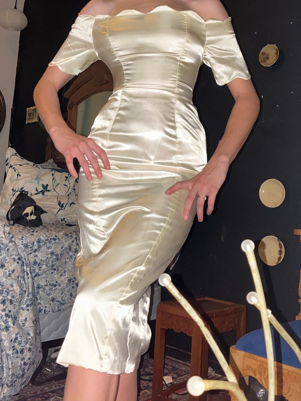 Off-Shoulder Satin Midi Dress in Cream